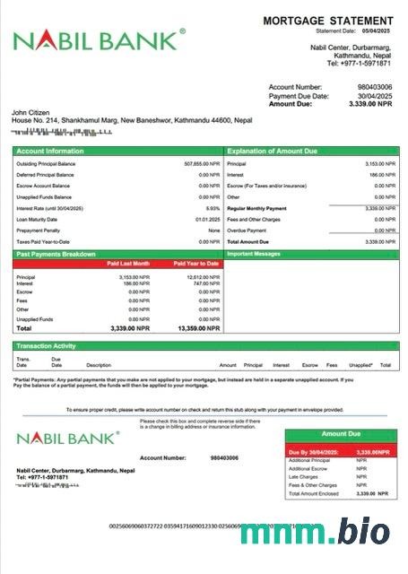 Nepal Nabil Bank wyciąg z kredytu hipotecznego szablon Word i PDF